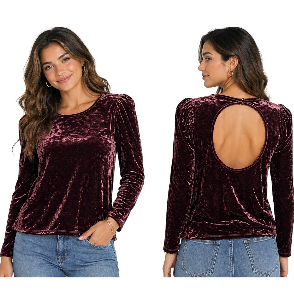 Wrangler Retro Top XXL Burgundy Hue‎ Crushed Velvet Open Back Puff Sleeve New